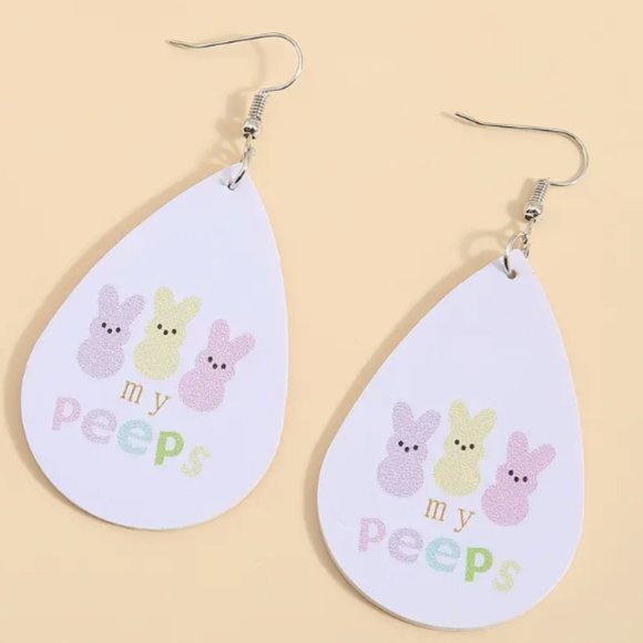 NWT EASTER BUNNIES PASTEL COLORS MY PEEPS FAUX LEATHER DANGLE PIERCED EARRINGS - Picture 5 of 5